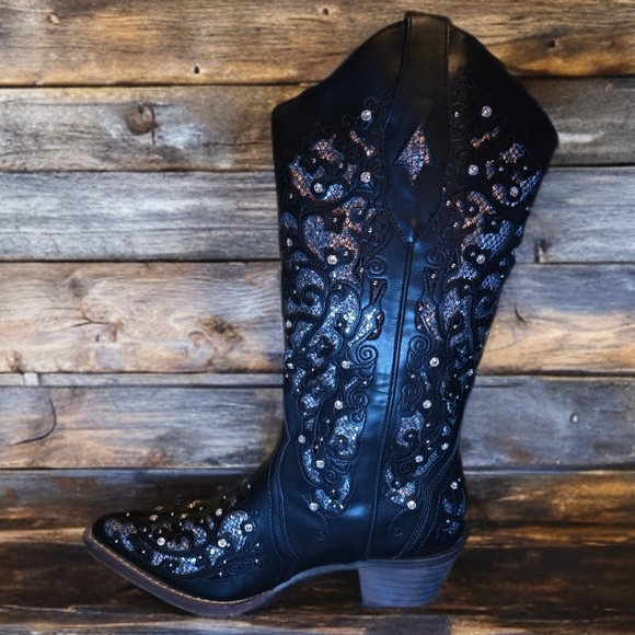 Embellished Bling Black & Silver Cowgirl Boots - Picture 3 of 4